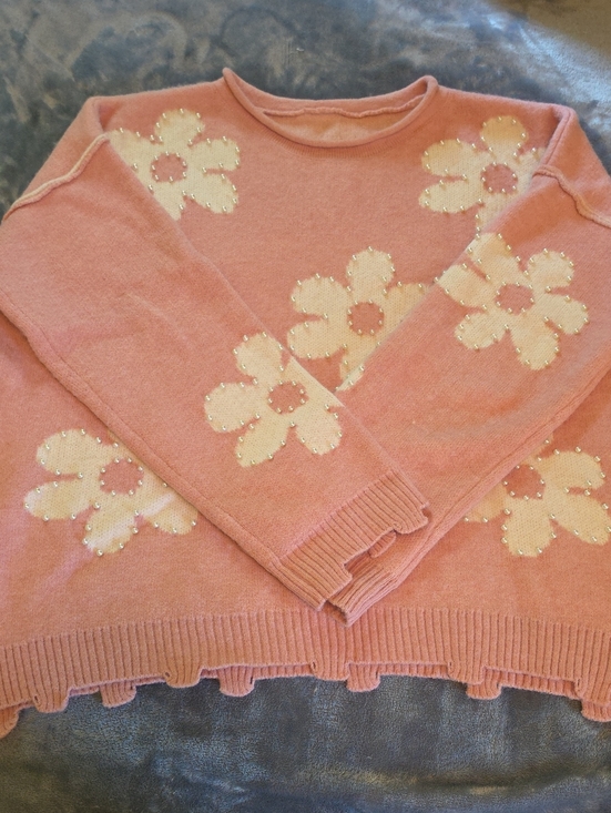 Sweaters - Women's Pink Floral Knit Sweater
